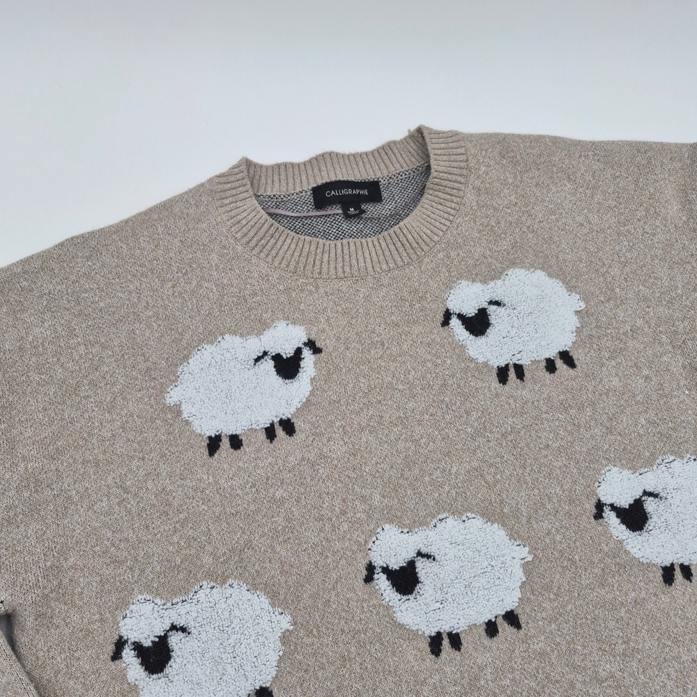 Calligraphie Tan Sheep Pattern Boucle Knit Crewneck Sweater Womens Medium